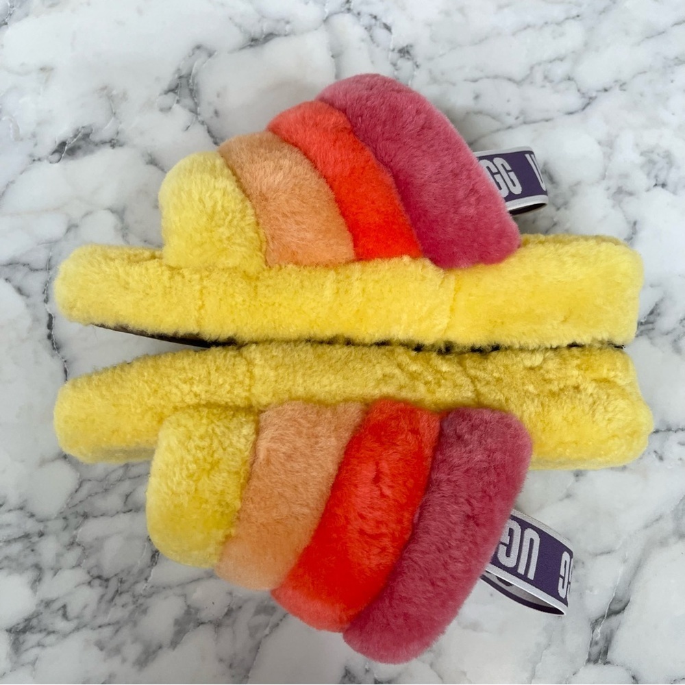 Ugg Fluff Yeah Rainbow Yellow Slide Slipper Platform Colorful Bright Happy Cozy - Picture 7 of 11
